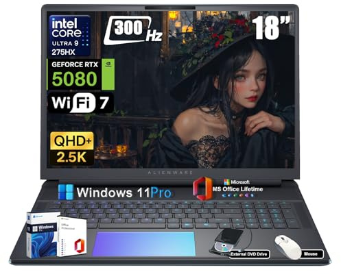 Alienware Computer portatile da gioco 18 Area-51 - Intel Ultra 9 275HX (24 core, fino a 5,4 GHz), RTX 5080 GDDR7, 18 2,5K QHD+ 300Hz, con lettore DVD, Win 11 Pro, durata desktop (32 GB DDR5, 1