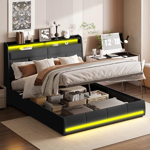 PerGar Bett 160x200, Polsterbett Doppelbett mit LED und USB Ladestation, Modern Stauraumbett mit Stauraum Kopfteil und Lattenrost, Hydraulisch Jugendbett Bettgestell, Schwarz, PU, Ohne Matratze