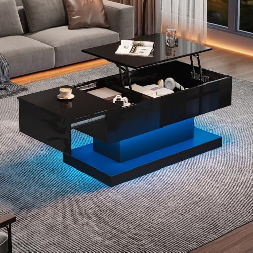 Chronetix Schwarzer Hochglanz Couchtisch Mit LED Licht Hydraulisch Höhenverstellbar 4 Fächer Stauraum USB Ladefunktion 100x50x35cm Modern Wohnzimmer Beistelltisch (Black + Particle Board-1)