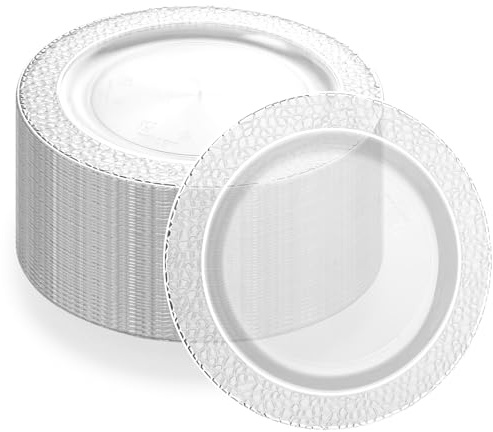 MUXHEL Set av 40 plasttallrikar, 26 cm återanvändbara, festtallrikar för bröllop och fester, festservis med silver