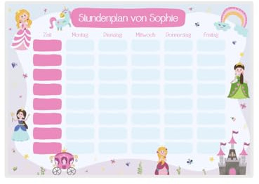 PuK Krämmer GmbH Stundenplan Kinder Abwischbar Personalisiert | Laminiert optional Magnetisch mit Stift | Geschenk zur Einschulung | Stundenplan 1. Klasse für Kühlschrank (Prinzessin)