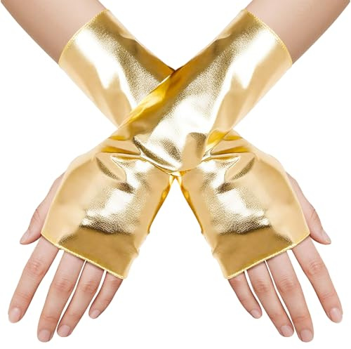 WEITAPYT Gold Glänzende Handschuhe, Fingerlose-Handschuhe Metallic Glänzende, Lange Fingerlose Handschuhes, Kostüm-Handschuhes, für Party Kostüm Zubehör Halloween Cosplay - 1 Paar