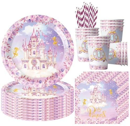 68 Pcs Vajilla Para Fiesta de Castle, Vajilla de Cumpleaños de Princesa Castle, Decoracion Cumpleaños Niños Incluye Platos Ttazas Servilletas