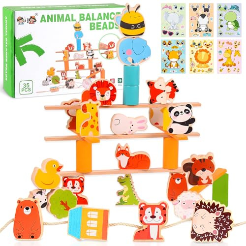 GEEKEO Fädelspiel Montessori Spielzeug ab 2 3 4 Jahre, Lernspiel Steckspiel Bausteinen Spielzeug Motorikspielzeug mit Tieraufkleber Pädagogisches Geschenke für Kinder Mädchen und Jungen