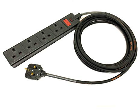 13 Amp 4-Gang Mains Power Extension Lead - Masterplug/Permaplug Black - 1.5mm² Heavy Duty H07RN-F Rubber Cable - 13A HO7 (3 Metre)
