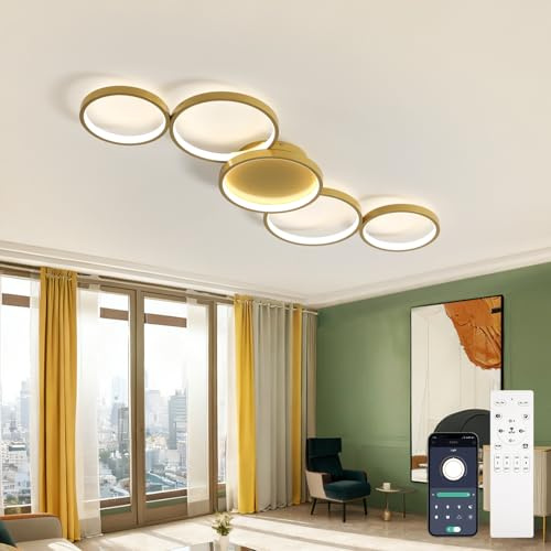 AQLEDY 99cm Led Deckenleuchte Dimmbar, 5 Ringe Deckenlampe Wohnzimmer/Schlafzimmer 55W Mit Fernbedienung, 3000K-6500K Kein Flackerndes Licht, Memory-Funktion-Gold