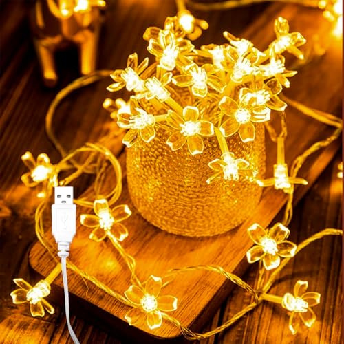 Kaleora LED Kirschblüten-Lichterkette, 6M 40 LED Lichterkette Blumen mit USB, Warmweiß Kirschblüten Lichterketten für Weihnachten, Hochzeit, Garten, Innen, Bäume, Party Deko