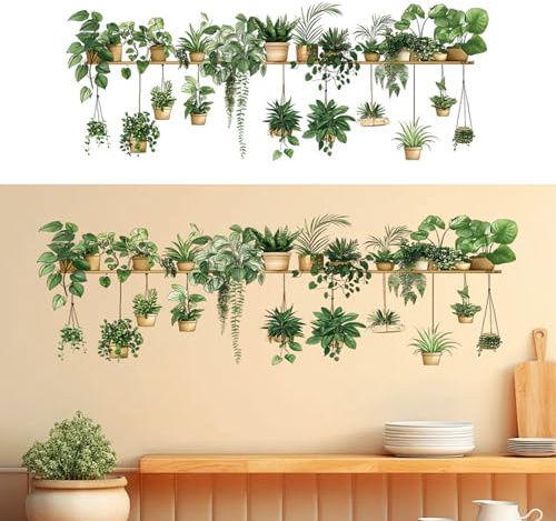 Stickers Muraux Plantes Vertes, Autocollant Mural Suspension Feuilles Vertes Lierre Décoratif, Adhésif Stickers Muraux Papier Peint Artistique, Décoration Murale pour Cuisine, Salon, Chambre