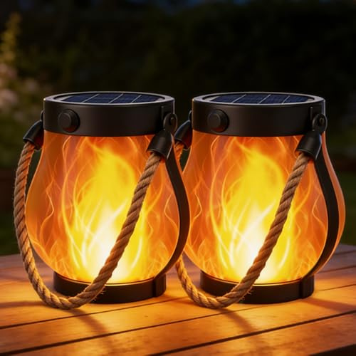 2 linternas solares para exteriores, linterna solar con llamas danzantes LED portátil redonda de pie, linterna solar para colgar con cuerda de cáñamo, linternas decorativas con interruptor de un solo