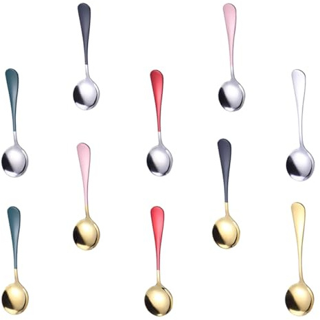 Ipetboom Lot de 10 Cuillères Rondes en Acier Inoxydable Coloré, Cuillères à Dessert Thé, Manche Laqué Multicolore, Adaptées pour Café, Cocktail et Usage Quotidien Cuisine, Service