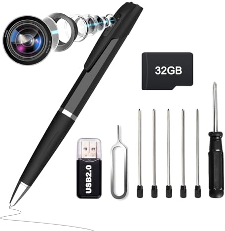 Bextgoo Mini Kamera, 1080P UHD 3-in-1 Mini Überwachungskamera, 32GB Speicherkarte, Tragbar Kugelschreiber Kamera mit Videoaufnahme, Fotofunktion & Loop-Aufnahme für Innen- & Außenbereich