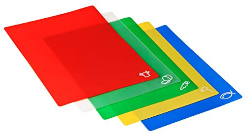 Premier Housewares Flexible Chopping Boards Plastic Polyethylene Colour Coded Cutting Boards Set of 5,Yellow,white,green,red