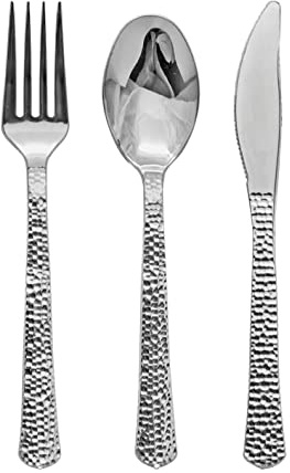 Decorline - Luxe Schwergewicht plastiek Besteckset aus Kunststoff - 180 stück- PS metallisiert, mit Hammerschlag Effekt - Silber