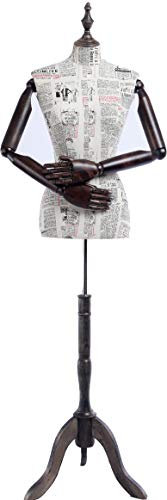 Eurohandisplay Schneiderpuppe, Zeitung Muster stoffbezogenen Oberkörper mit Deckel aus Holz,Arme und Finger aus Holz beliebig verstellbar, dunkler Holzstand (B12-G weiblich)