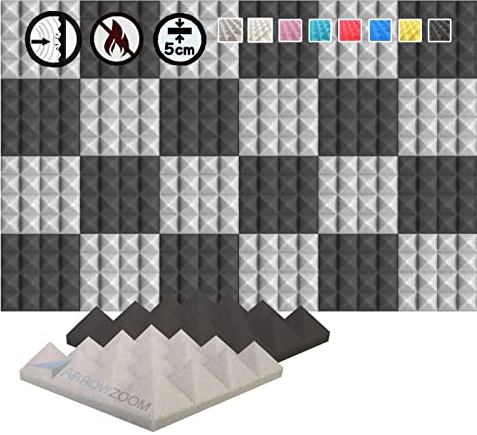 Arrowzoom 24 Akkustik Platten Akkustikschaumstoffmatten Akustikschaumstoff 25x25x5cm Dämmung Wedge Noppenschaumstoff Breitbandabsorber Foam Feuerhemmend Tonstudio Schallabsorbierende Grau Schwarz