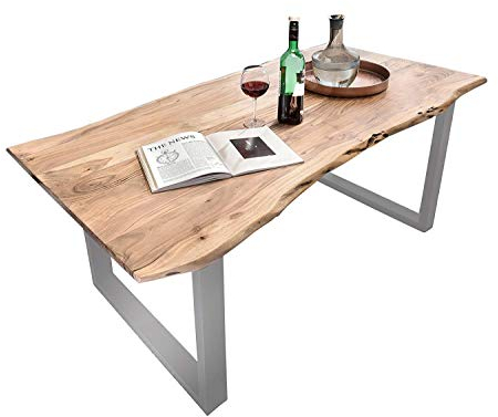 SAM Baumkantentisch Quarto, Akazien-Holz massiv, naturfarben, Esszimmertisch mit silbernen Metallbeinen, 140 x 80 cm