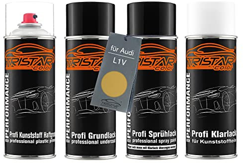 TRISTARcolor Ensemble de bombes de peinture Peinture voiture pour plastique pour Audi L1V Safrangelb Metallic apprêt adhérent, peinture de base, vernis transparent avec assouplissant
