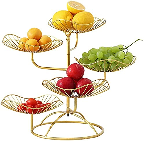 ZJYWMM Fruit Etagere 5 Story, Hollow Fruit Shells Exquisite Lotus Leaf Form Fruit Cinks Modern Simple Metal Fruit Stand Deco Fruit Basket for Worktop Storage Vegetables, Snacks, Bread,Gol