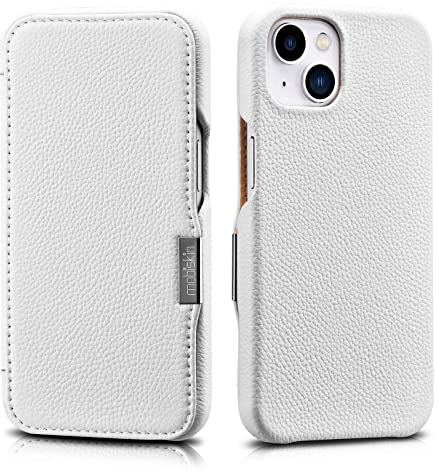 Mobiskin Hülle kompatibel mit Apple iPhone 13 (6,1 Zoll), Handyhülle mit echtem Leder, Case, Schutzhülle, dünne Handy-Tasche, Slim Cover, Weiß