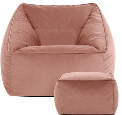 Icon Natalia Samt Sitzsack Sessel und Hocker mit Füllung, Rosa | In Deutschland Hergestellt, Sitzsack Erwachsene, Flauschiger Samtstoff, Bequemer Sessel für Wohnzimmer und Schlafzimmer