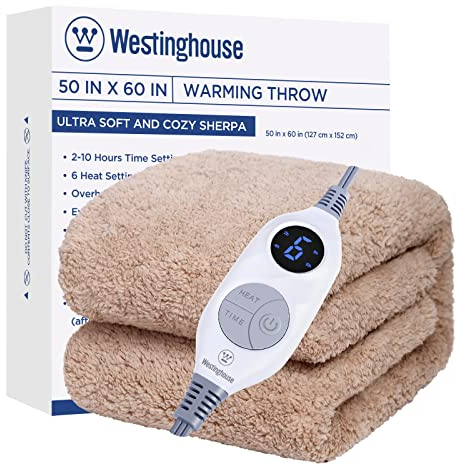 Westinghouse Electric Blanket Throw Size, Soft Plush Sherpa Heated Blanket with 6 Heating Levels & 2-10 Hours Auto-Off, Machine Washable, 50x60 inches, Camel