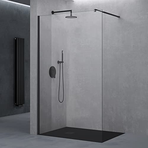 doporro Walk in Box Doccia 80x200 cm Parete Doccia Fissa in Cristallo Temperato Trasparente 8 mm Anticalcare, Barra Stabilizzatrice Regolabile in Acciaio Inox, Profilo Nero - Bremen01K