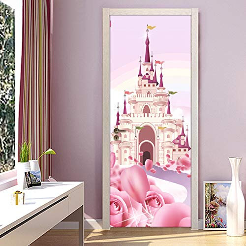 Selbstklebend Türposter 3D Cartoon Pink Castle Fototapete Für Kinder Mädchen Zimmer Prinzessin Schlafzimmer Tür Aufkleber Wandbild Wasserdichter Pvc-Kleber 90x200cm