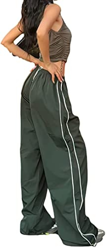 XPONNI Women's Y2K Track Pants - Baggy Parachute Pants (Dark Green, M, Medium)