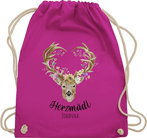 Turnbeutel Rucksack - Kompatibel Oktoberfest - Herzmädl Hirsch Geweih Hirschgeweih Madl - Unisize - Fuchsia - oktoberfest-tasche trachten name turnsack trachtenrucksack bayrisch herz rucksäcke