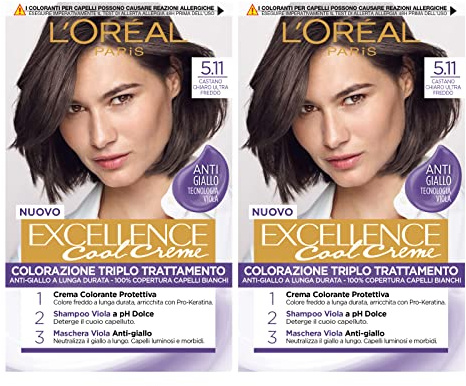 L'Oréal Paris Excellence Cool Creme Coloración Permanente Triple Tratamiento Tecnología Antiamarilleo Acción Protectora Color Iluminador 5.11 Ultra Cool Castaño Claro - 2 Envases