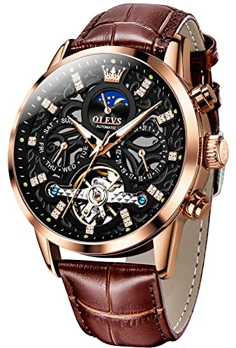 OLEVS Men Skeleton Watch Automatic Designer Luxury Mechanical Wrist Watches Brown Leather Dress Casual Moon Phase Luminous Waterproof