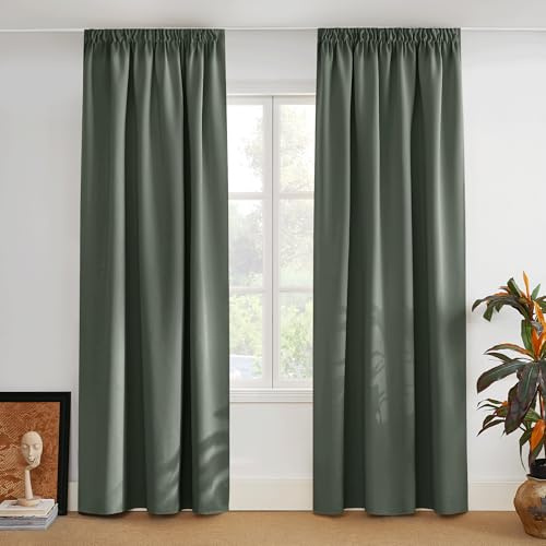 PONY DANCE Blickdichte Vorhänge mit Kräuselband Thermvorhang Hitzeschutz | für Wohnzimmer, 2er Set, H 245 x B 140 cm, Graugrün, für Schienensystem, Verdunklungsvorhänge, Blackout Curtains
