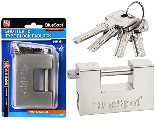 BlueSpot 94mm Steel Shutter C Type Block Padlocks | Container | Security | 4 Keys | Safe | Shackle | Garage | Building | Yards | Storage | Construction Site | Door Lock | DIY | Tools | UK Free P&P