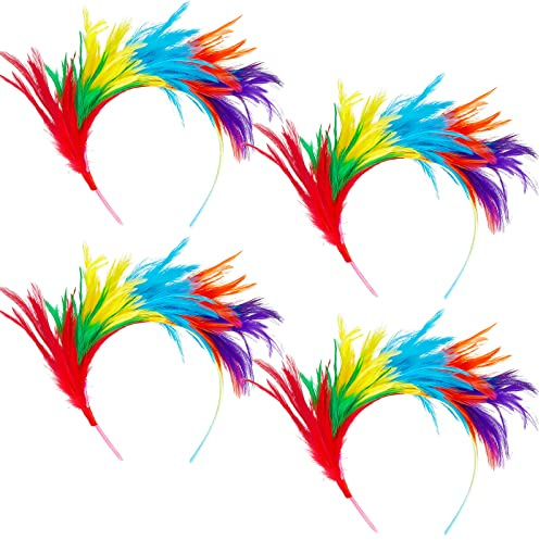 Eowppue 4 Stück Damen 20er Jahre Feder Fascinator Stirnband Regenbogen Fascinatoren für Frauen Feder Kopfschmuck für Mädchen Hochzeit Cocktail Party