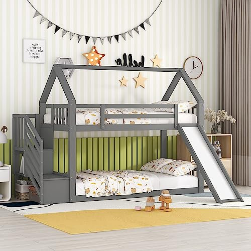 Moimhear Letto a castello 90 x 200 cm, con scala di stoccaggio e scivolo, lettino per bambini, ragazzi (grigio)