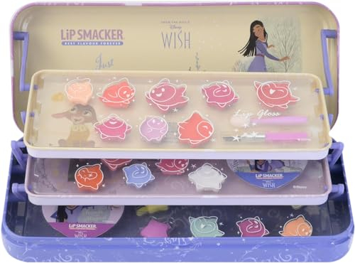 Lip Smacker Disney Wish Triple-Tier Beauty Tin, Set de Maquillaje para Niñas Inspirado en Disney Wish con Brillo de Labios, Sombras de Ojos, Accesorios de Belleza y Pegatinas Incluidas