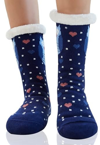 WYTartist Chausson Chaussette Femme Hiver Chaud Thermique Pantoufles Chaussettes Antidérapante Noël Épais Chaussettes à la Maison (Navy Owl)