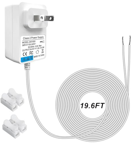 Ousaly 24V DC Power Adapter,110V-240V AC to DC 24V Transformer for C WireThermostat,Heywell Nest,Ring Pro doorbell,Ring Wired doorbell,Wyze Video Doorbell,LED Strip Light,Comes with Connector, 19.6FT