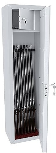 EGLEMTEK Armadio Portafucili Armi Blindato Fuciliera In Acciaio Con Cassetto Tesoretto Con Serratura E Chiave A Doppia Mappa Cassaforte Sicura Austin Colore Bianco Opaco 148 x 40 x 28 Cm (7 Posti)