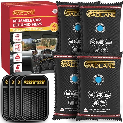 GADLANE Reusable Car Dehumidifier 350G - 4 Pack Car Moisture Absorber with Dashboard Anti-Slip Mat Eliminate Foggy Windscreen Home, Wardrobe, Car Condensation Absorbers Silica Gel Bags 350G x 4