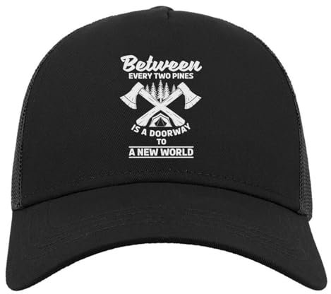 Atspauda Between Every Two Pines is A Doorway to A New World Hache Graphic Half Mesh Cotton Trucker Cap Casquette de baseball Noir, Noir , Taille unique