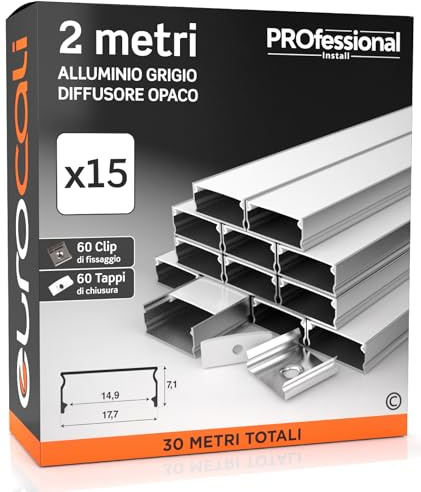 Eurocali Profilo Alluminio per Strisce LED 2 metri con Copertura Opaca - Installazione Superficiale - 17.7 x 7.1mm - Pacco da 30m (15pz)