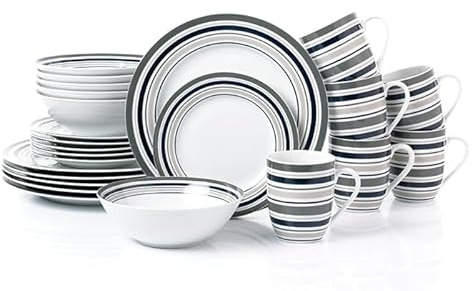 Waterside - 24pc Brompton Grey Stripe Porcelain Dinner Set; 4 Dinner Plates, Side Plates, Deep Bowls & Mugs - Dishwasher & Microwave Safe
