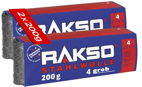 RAKSO Stahlwolle grob 4-400 g, 2 Banderolen à 200g, entfernt Öl, Fett auf Metall, reinigt Natur, Kunststein, anschleifen von altem Holz