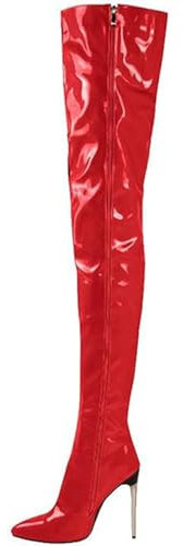 WEHAM Überknie-Stiefel für Damen in Übergröße, Kunst-PU, Tanzschuhe mit seitlichem Reißverschluss, Rot, 45