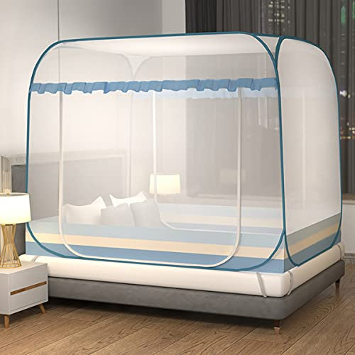 GLMGBP Betthimmel, Pop-Up-Moskitonetz, Faltbare Polyestervorhänge Anti-Moskito-Universal-Campingzelt für Einzelbett Doppelbett Reisejurte Kostenlose Installation,Blau,1.8 * 2M