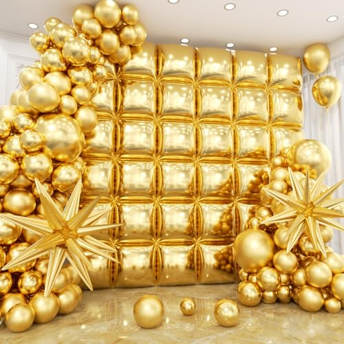 HKYOOD 36pcs Metallic Gold Square Foil Balloons Wall Backdrop with 79pcs Balloon Garland Arch Kit, Double Sided Balloon for New Year Birthday Anniversary Graduation Engagement Party Decorations