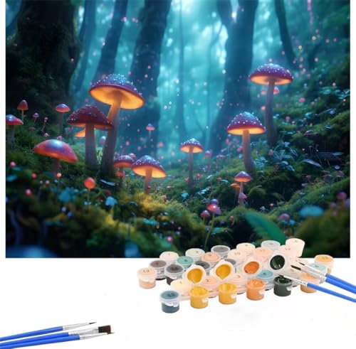 Mushroom Paint by Numbers for Adults 18x24inch,Paint by Numbers Forest Painting by Number Canvas Kits,DIY Color Oil Painting Acrylic Paints with 3 Paint Brushes for Home Decor,Without Frame Hs-392