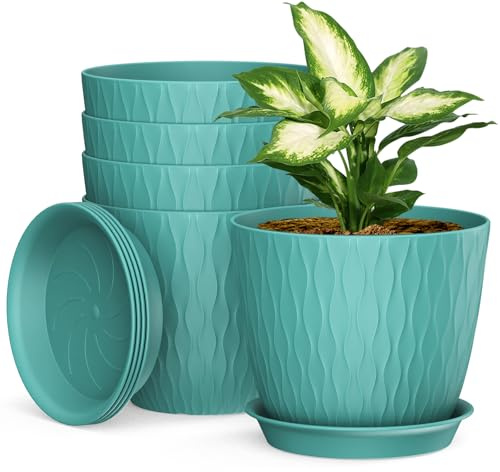 Homeuouz 5 Packs Blumentopf mit Bewässerungssystem, 20.3cm Pflanzentopf mit Bewässerungssystem, Übertopf mit Untersetzer, Blumentöpfe Set Ideal für Innen und Balkongärten, Dunkelgrün