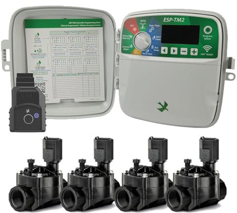 Suinga Programador de Riego Wifi 4 Zonas Exterior + 4 Electrovalvulas de 24V 1 | Riego Automatico para Jardin | Temporizador de Riego Eléctrico